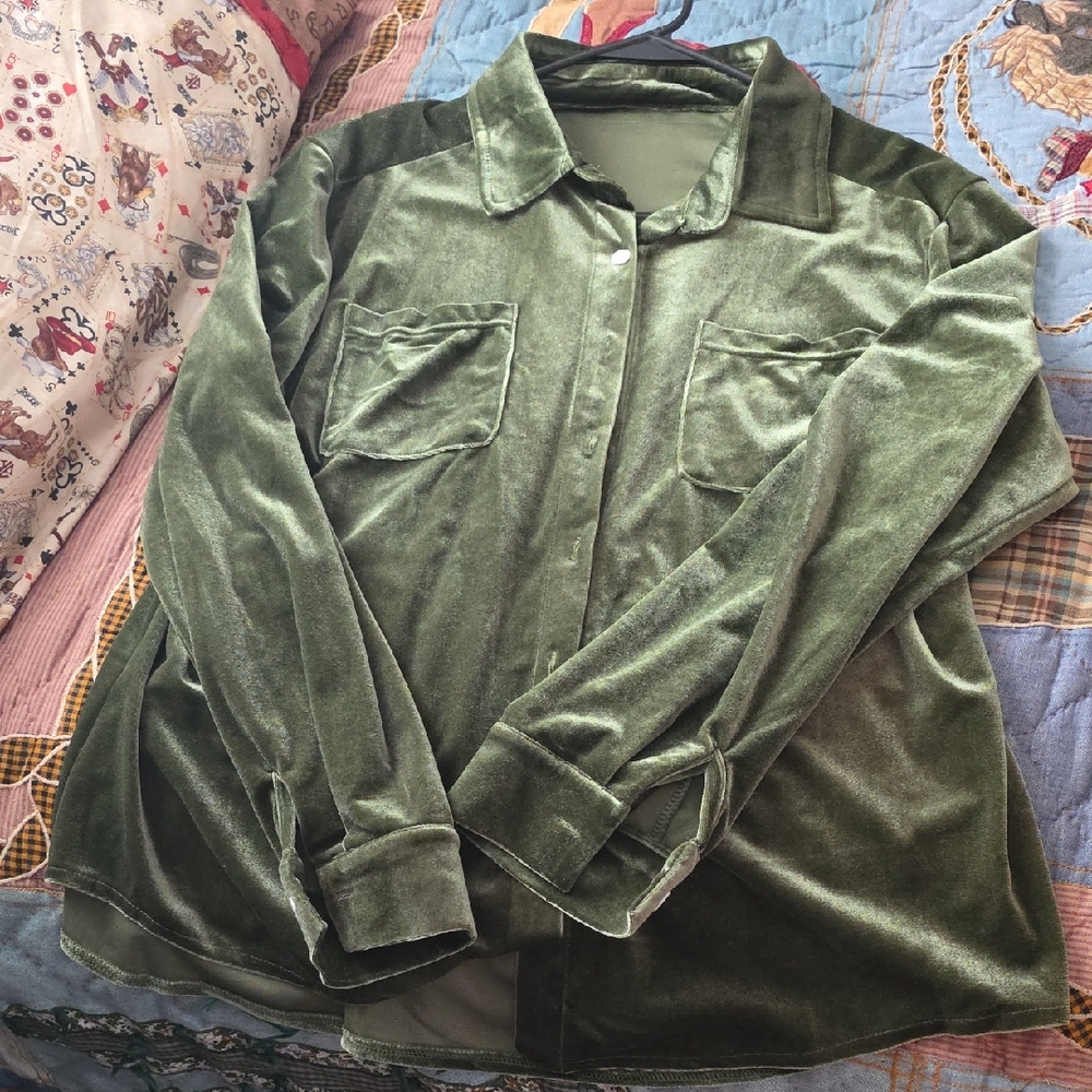 Women Olive Green Velvet Shirt Xl